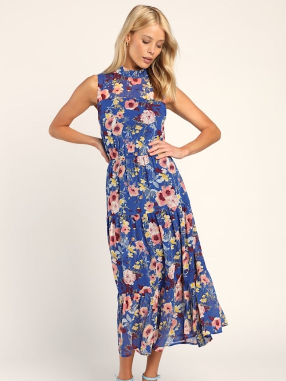 Lulus In My Dreams Blue Floral Print Midi Dress - Size L